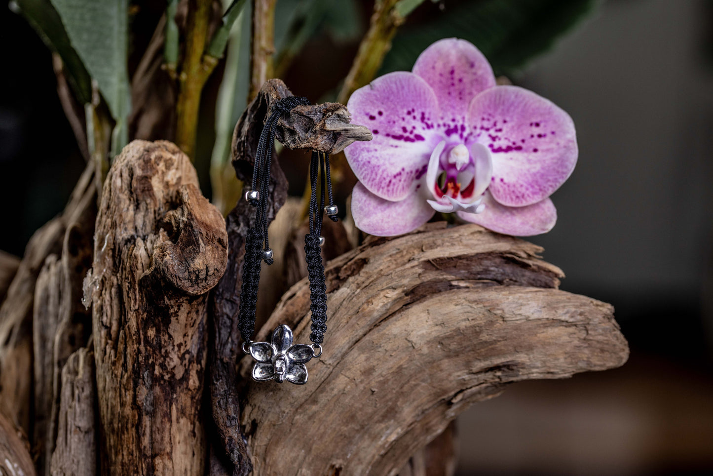 Silver Orchid Macrame Bracelet