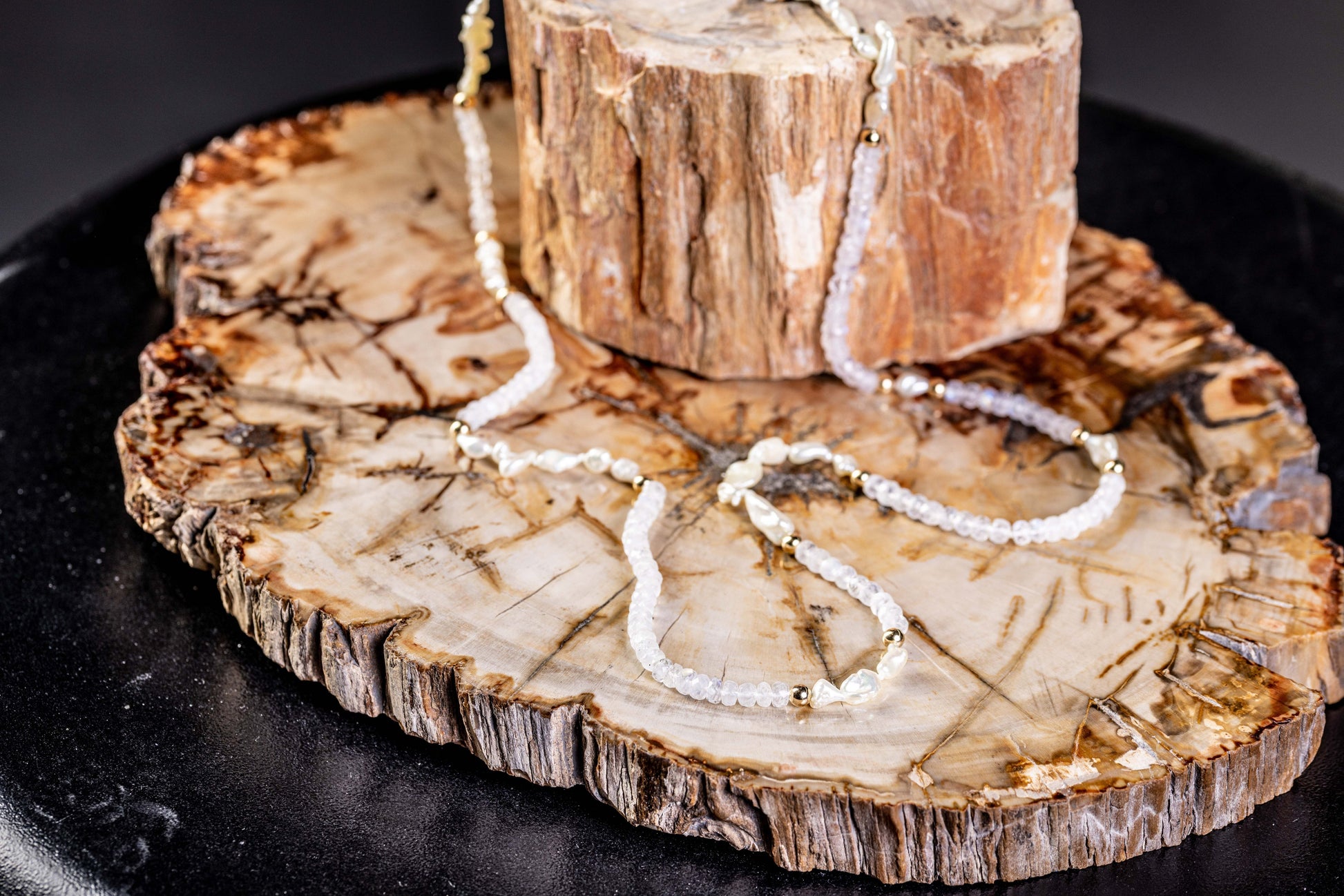 White Moonstone Keshi Saltwater Pearls Yellow Gold Necklace