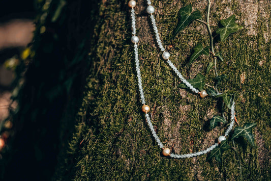necklace, saltwater pearls, white labradorite, yellow gold