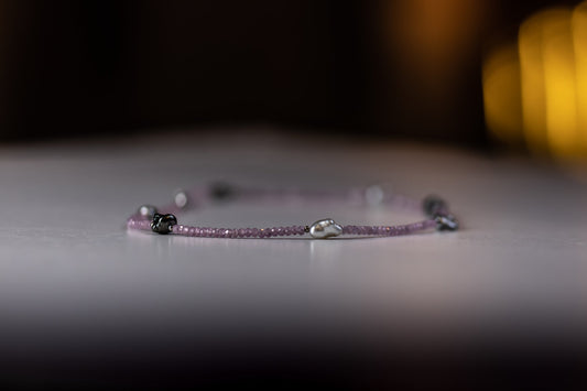 necklace, rose spinel, tahitian keshi pearls, silver
